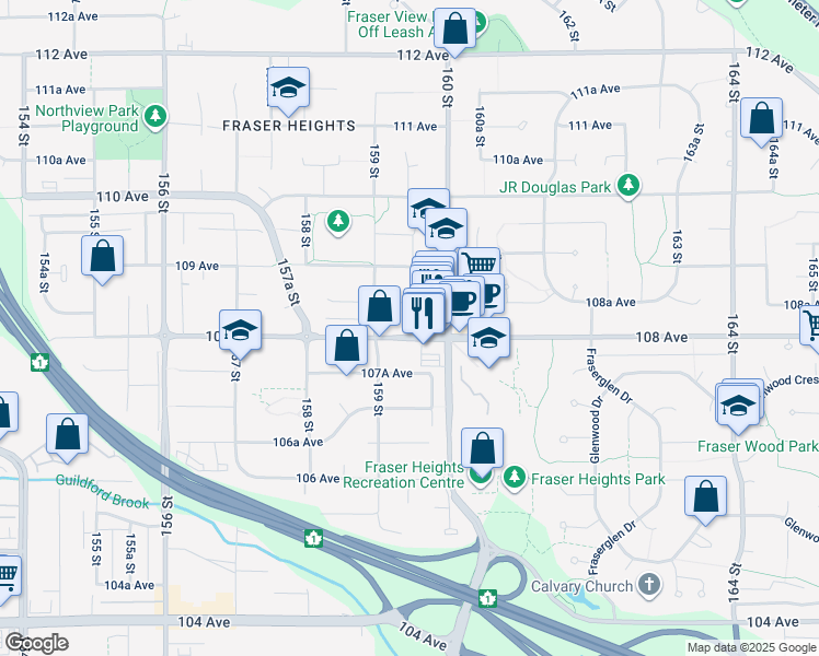 map of restaurants, bars, coffee shops, grocery stores, and more near 15949 108 Avenue in Surrey