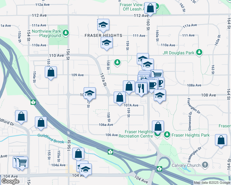 map of restaurants, bars, coffee shops, grocery stores, and more near 15833 108 Avenue in Surrey
