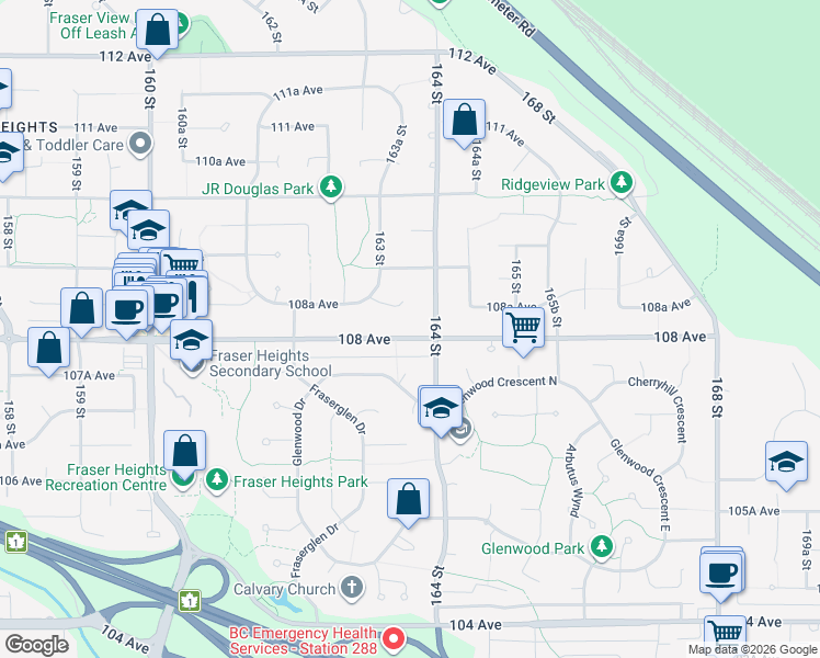 map of restaurants, bars, coffee shops, grocery stores, and more near 16371 108 Avenue in Surrey