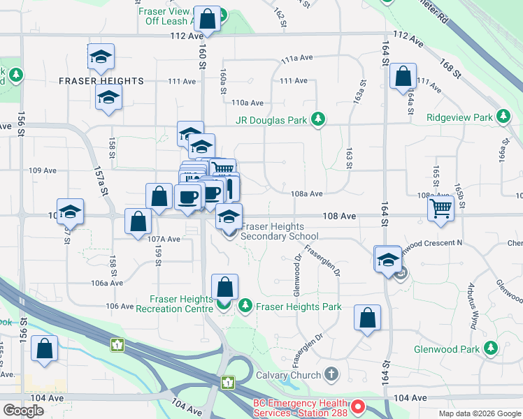 map of restaurants, bars, coffee shops, grocery stores, and more near 16129 108 Avenue in Surrey