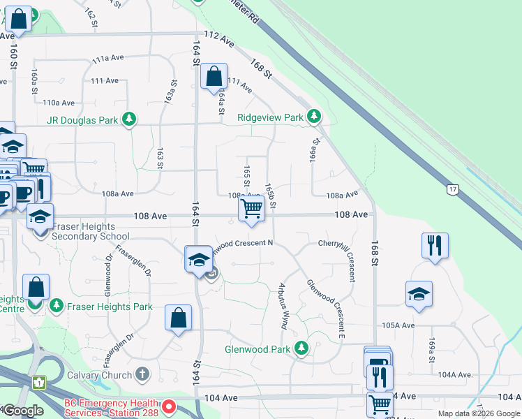 map of restaurants, bars, coffee shops, grocery stores, and more near 16543 108 Avenue in Surrey