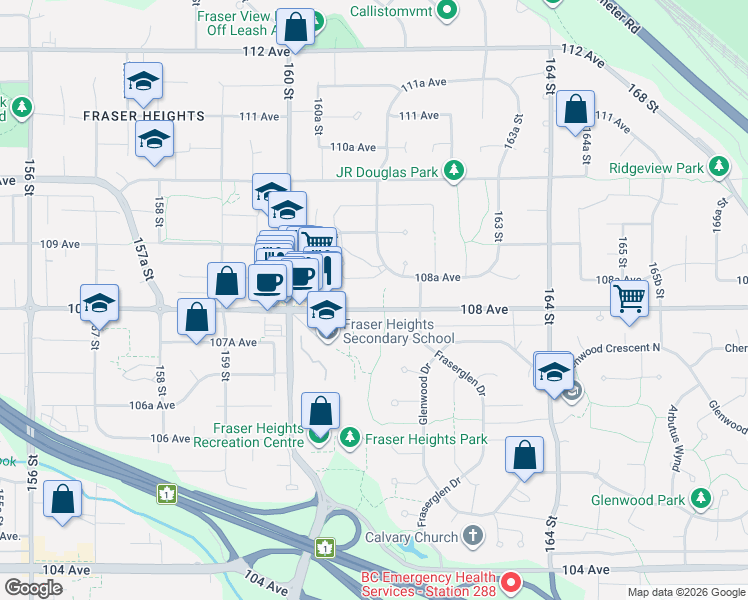 map of restaurants, bars, coffee shops, grocery stores, and more near 16129 108 Avenue in Surrey