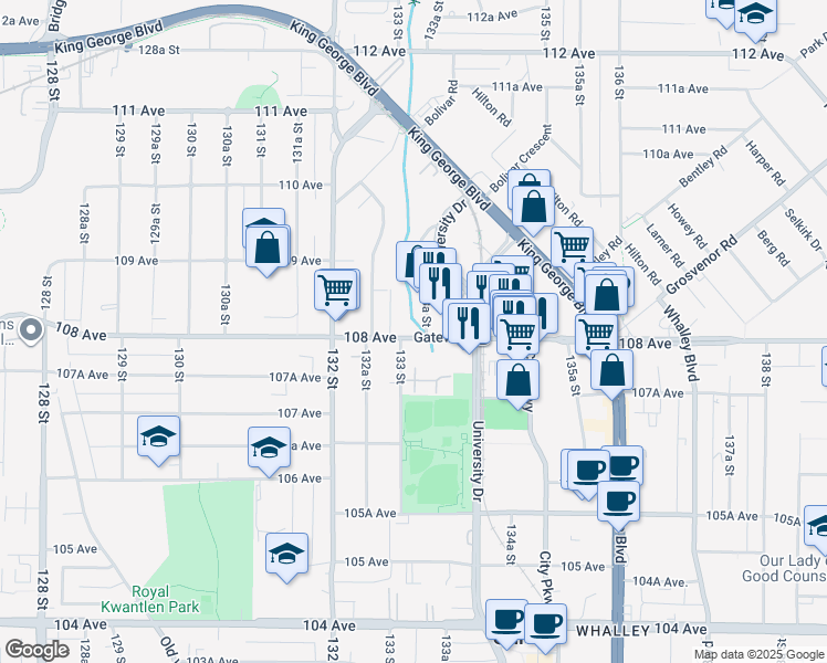 map of restaurants, bars, coffee shops, grocery stores, and more near 13321 108 Avenue in Surrey