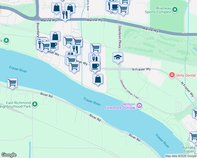 map of restaurants, bars, coffee shops, grocery stores, and more near 8988 Fraserton Court in Burnaby