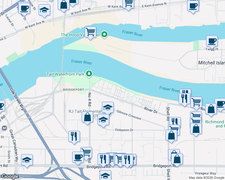 map of restaurants, bars, coffee shops, grocery stores, and more near 10177 River Drive in Richmond