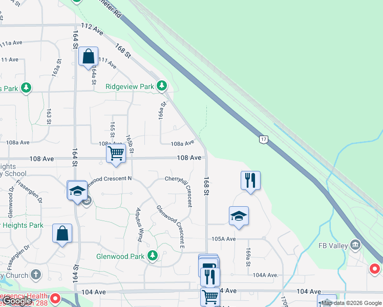 map of restaurants, bars, coffee shops, grocery stores, and more near 16753 108 Avenue in Surrey