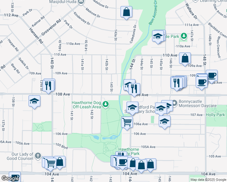 map of restaurants, bars, coffee shops, grocery stores, and more near 14313 108 Avenue in Surrey