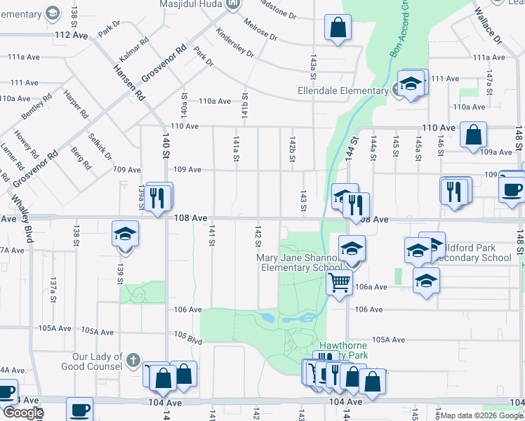 map of restaurants, bars, coffee shops, grocery stores, and more near 10814 142 Street in Surrey