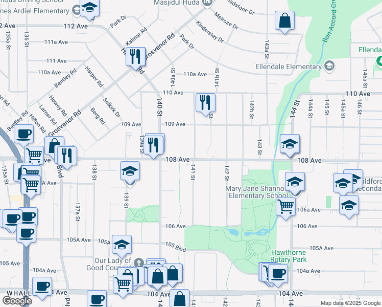 map of restaurants, bars, coffee shops, grocery stores, and more near 10805 141 Street in Surrey