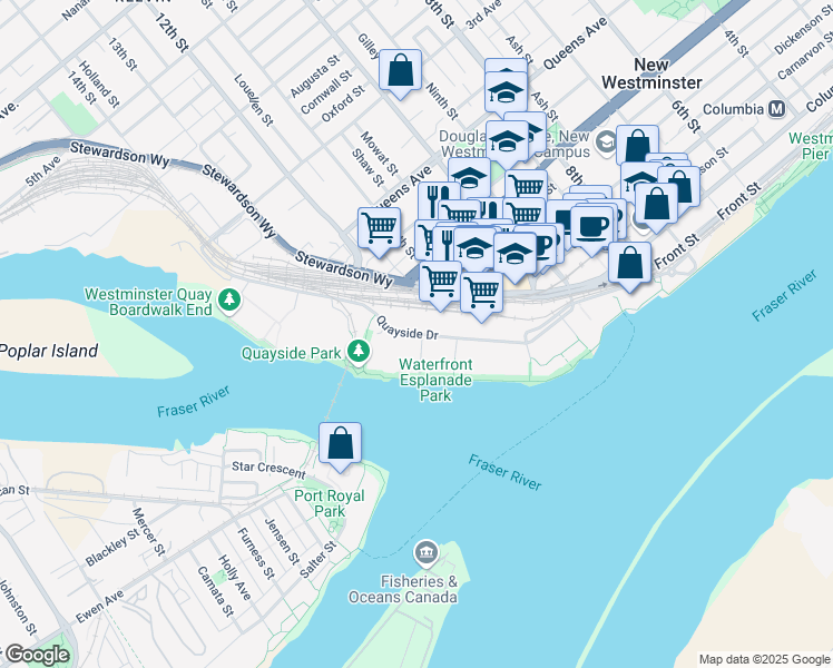 map of restaurants, bars, coffee shops, grocery stores, and more near 1150 Quayside Drive in New Westminster