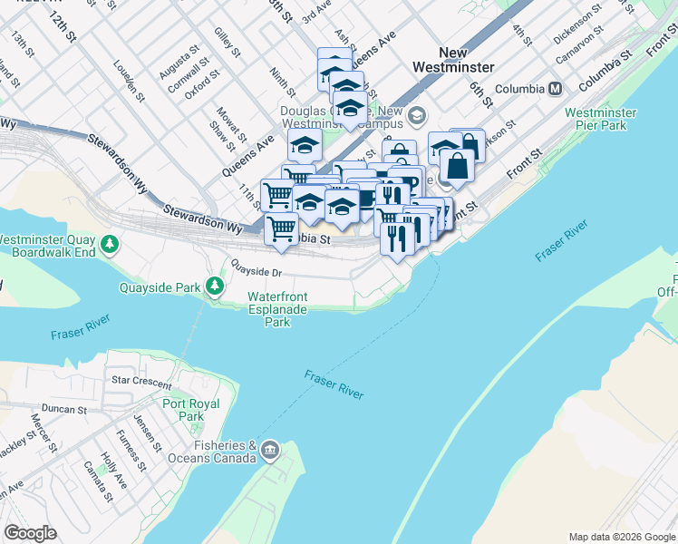 map of restaurants, bars, coffee shops, grocery stores, and more near 1045 Quayside Drive in New Westminster
