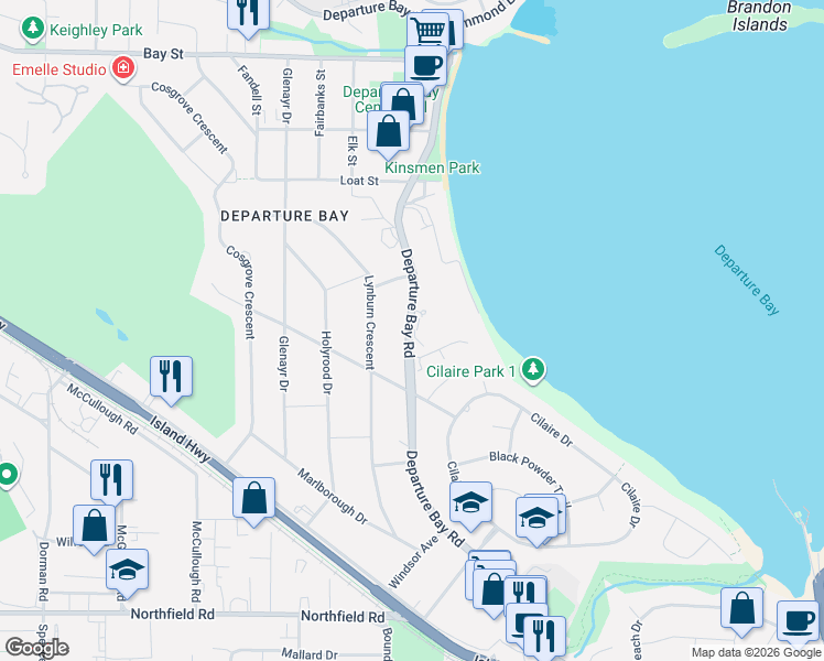 map of restaurants, bars, coffee shops, grocery stores, and more near 2562 Departure Bay Road in Nanaimo