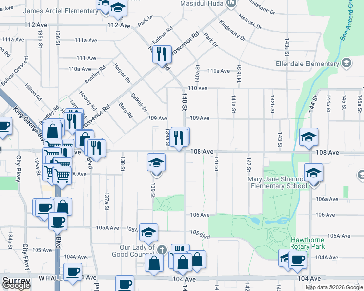 map of restaurants, bars, coffee shops, grocery stores, and more near 10829 140 Street in Surrey