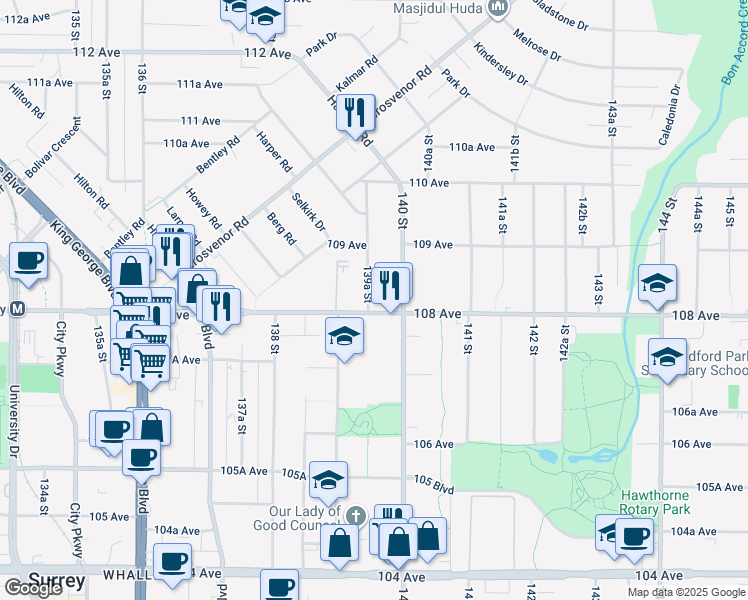 map of restaurants, bars, coffee shops, grocery stores, and more near in Surrey