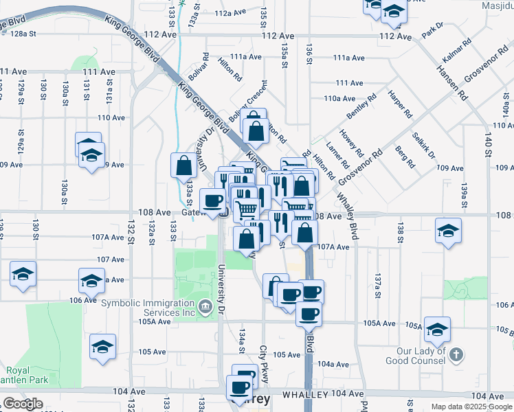 map of restaurants, bars, coffee shops, grocery stores, and more near in Surrey