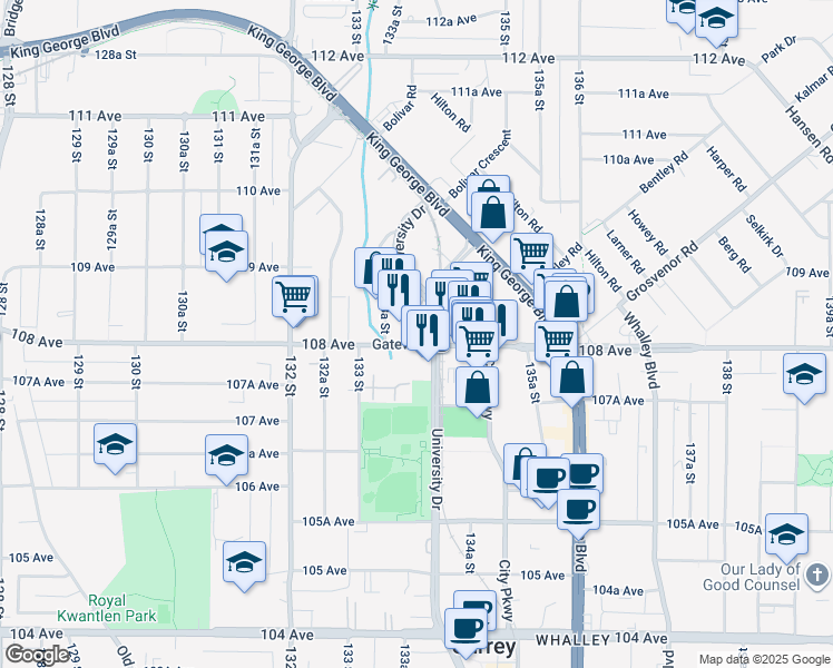 map of restaurants, bars, coffee shops, grocery stores, and more near in Surrey