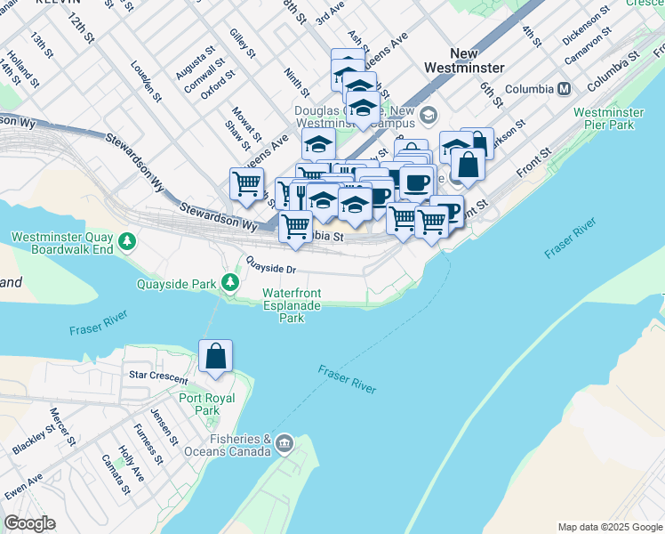 map of restaurants, bars, coffee shops, grocery stores, and more near 1065-1135 Quayside Drive in New Westminster