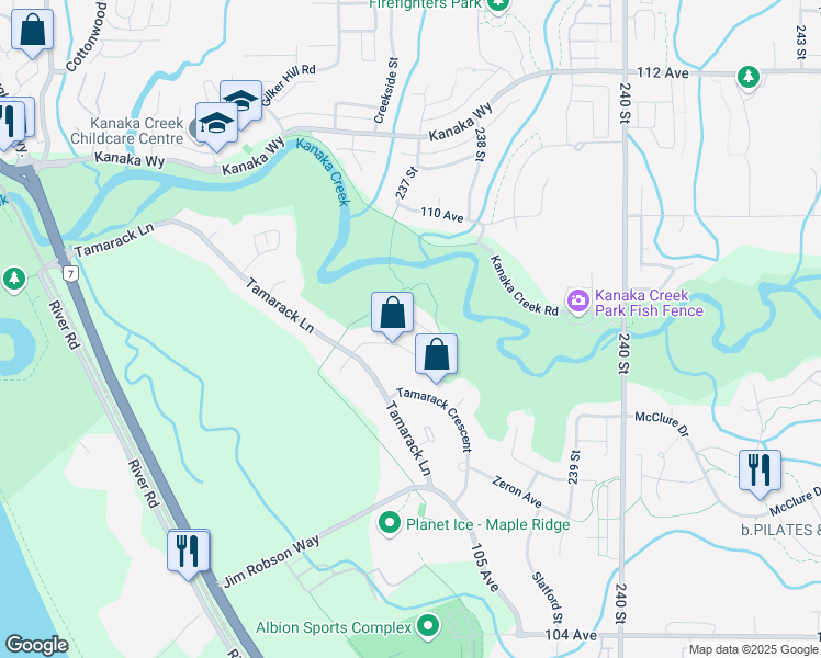 map of restaurants, bars, coffee shops, grocery stores, and more near 23675 108 Loop in Maple Ridge