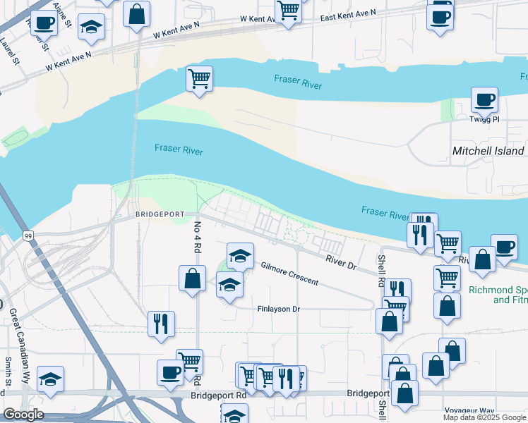 map of restaurants, bars, coffee shops, grocery stores, and more near 10199 River Drive in Richmond