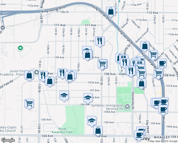 map of restaurants, bars, coffee shops, grocery stores, and more near 13125 108 Avenue in Surrey
