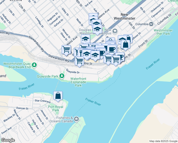 map of restaurants, bars, coffee shops, grocery stores, and more near 1065 Quayside Drive in New Westminster