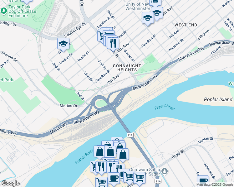 map of restaurants, bars, coffee shops, grocery stores, and more near 2112 Marine Way in New Westminster