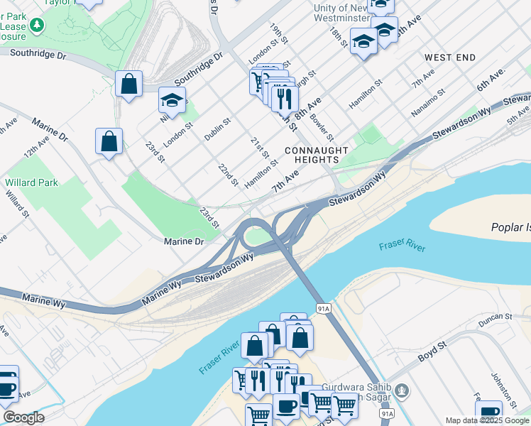 map of restaurants, bars, coffee shops, grocery stores, and more near 3046 6th Avenue in New Westminster
