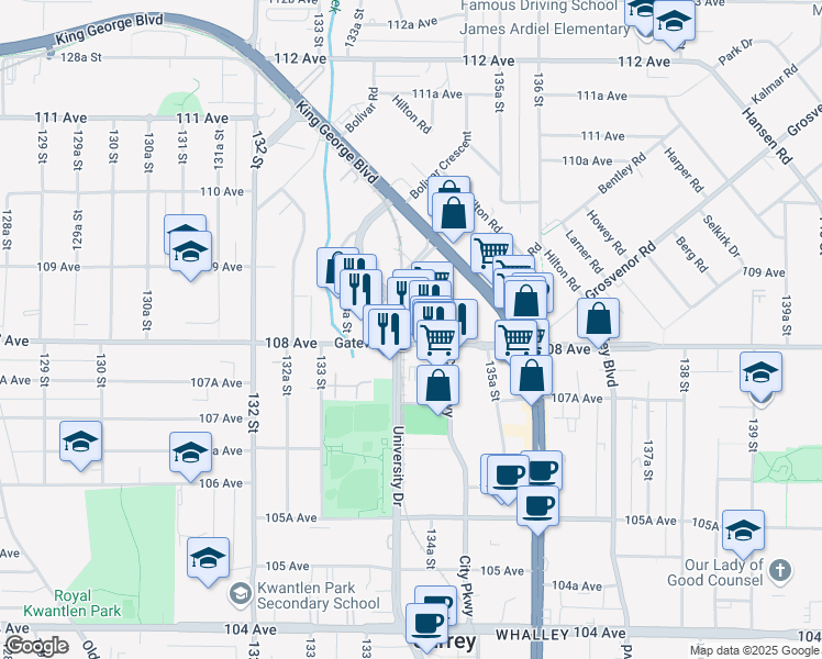 map of restaurants, bars, coffee shops, grocery stores, and more near 10858 University Drive in Surrey
