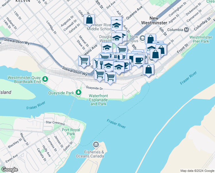 map of restaurants, bars, coffee shops, grocery stores, and more near 1005 Columbia Street in New Westminster