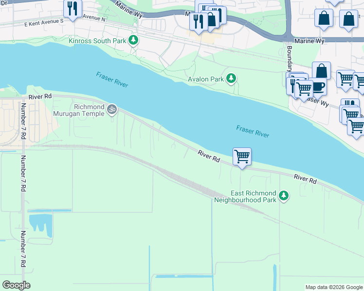 map of restaurants, bars, coffee shops, grocery stores, and more near 17191 River Road in Richmond