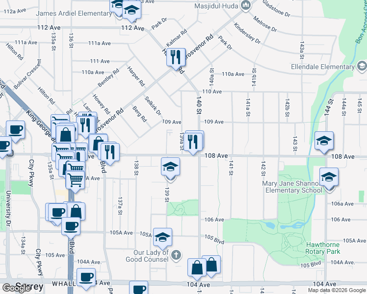 map of restaurants, bars, coffee shops, grocery stores, and more near in Surrey