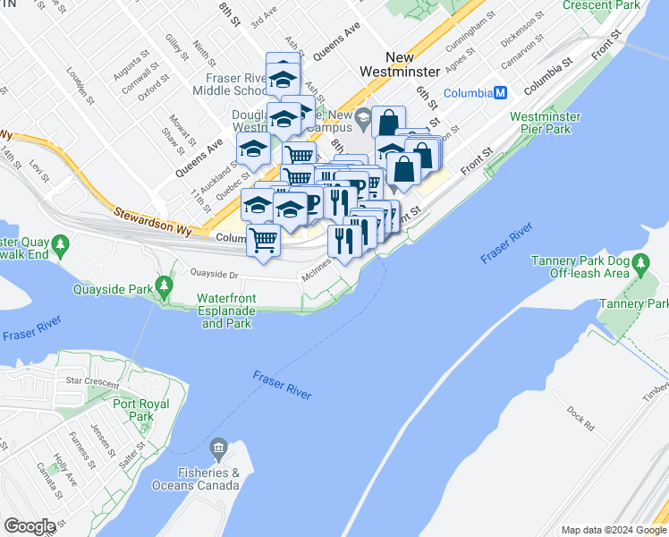 map of restaurants, bars, coffee shops, grocery stores, and more near 25 10th Street in New Westminster