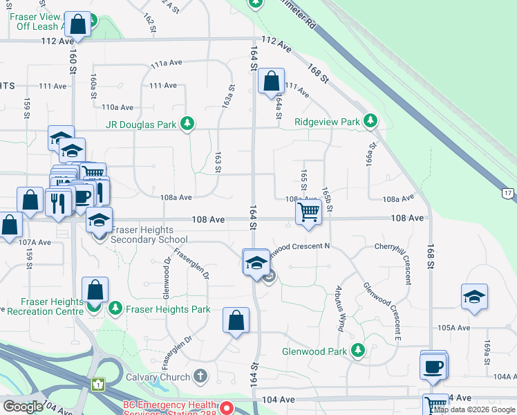 map of restaurants, bars, coffee shops, grocery stores, and more near 10820 164 Street in Surrey
