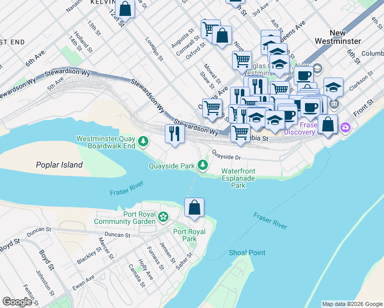 map of restaurants, bars, coffee shops, grocery stores, and more near 10 Laguna Court in New Westminster