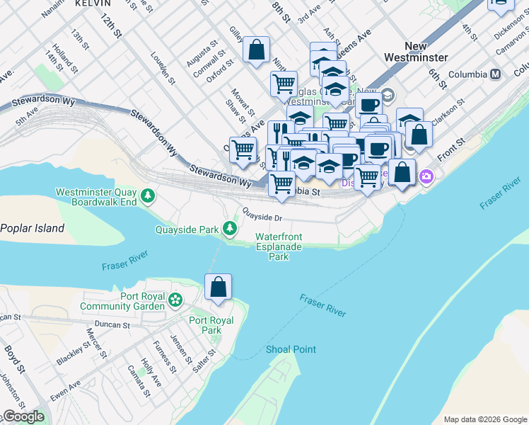 map of restaurants, bars, coffee shops, grocery stores, and more near 1235 Quayside Drive in New Westminster