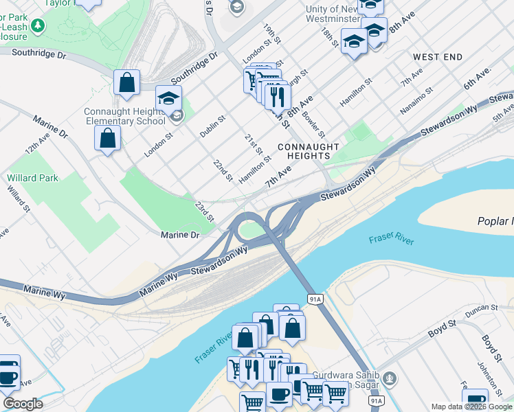 map of restaurants, bars, coffee shops, grocery stores, and more near 2141 Marine Way in New Westminster