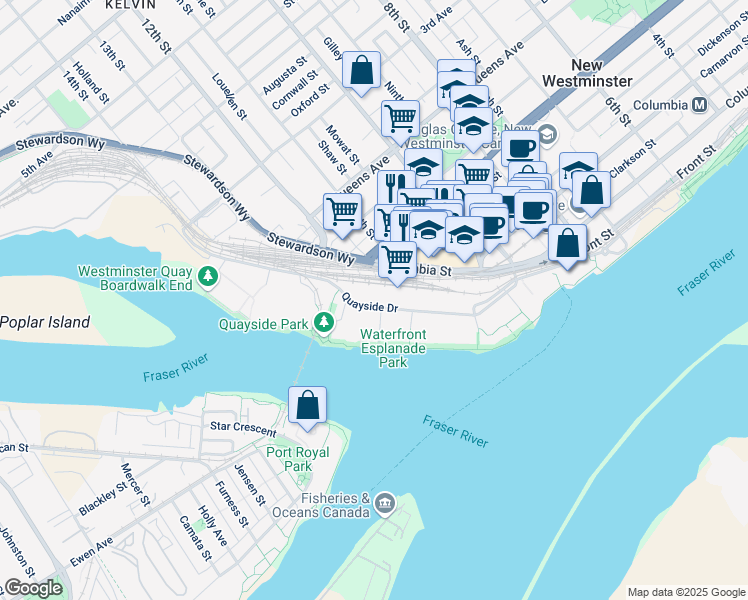 map of restaurants, bars, coffee shops, grocery stores, and more near 1235 Quayside Drive in New Westminster