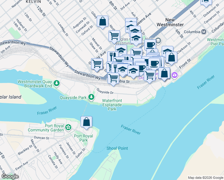 map of restaurants, bars, coffee shops, grocery stores, and more near 1185 Quayside Drive in New Westminster