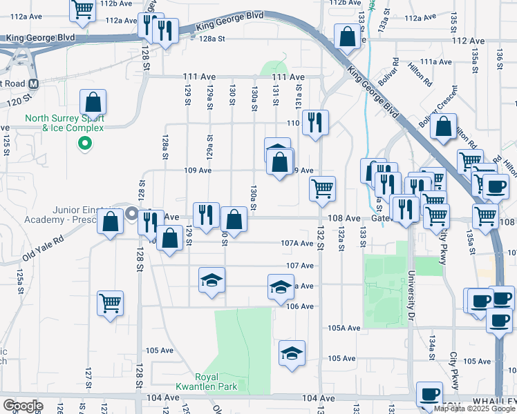 map of restaurants, bars, coffee shops, grocery stores, and more near in Surrey