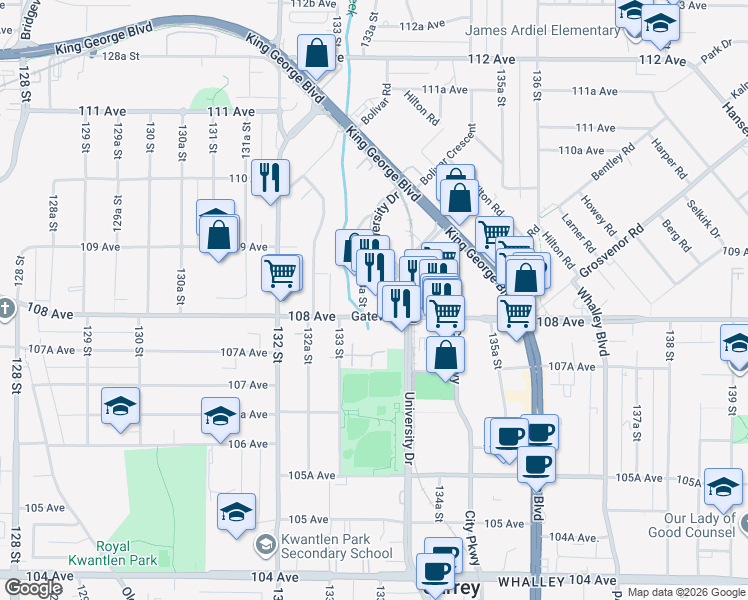 map of restaurants, bars, coffee shops, grocery stores, and more near in Surrey