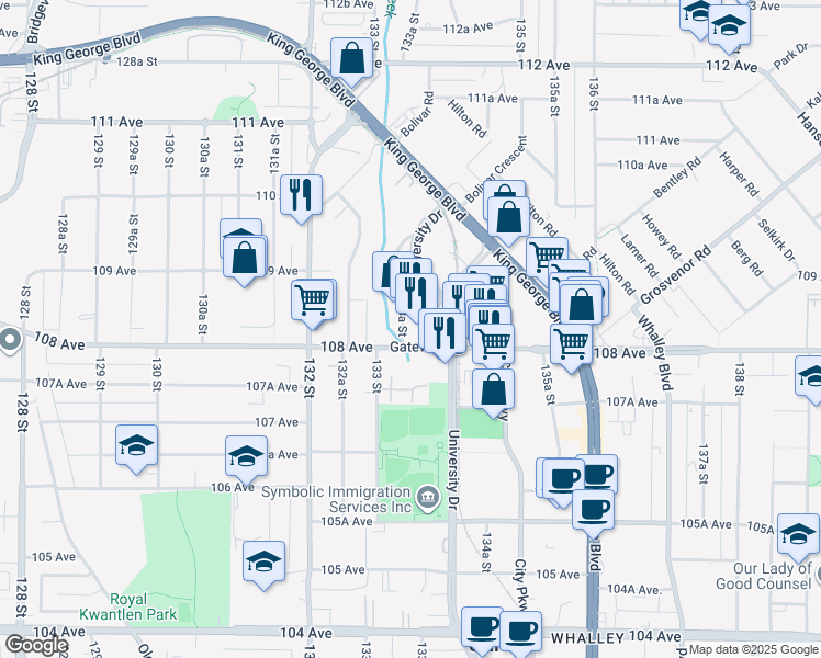 map of restaurants, bars, coffee shops, grocery stores, and more near in Surrey