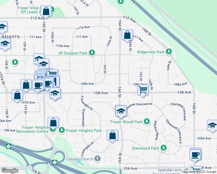 map of restaurants, bars, coffee shops, grocery stores, and more near 16336 108A Avenue in Surrey