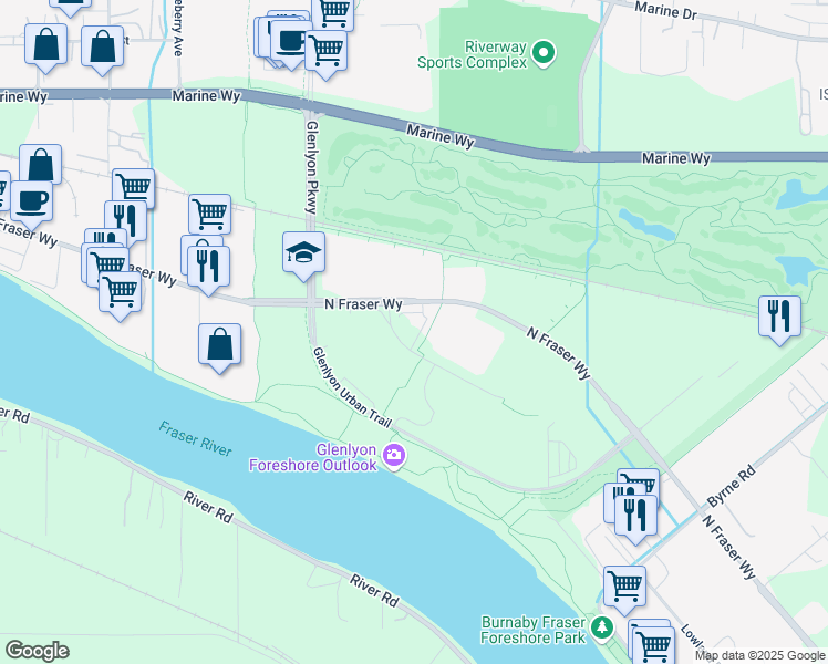 map of restaurants, bars, coffee shops, grocery stores, and more near 4300 North Fraser Way in Burnaby