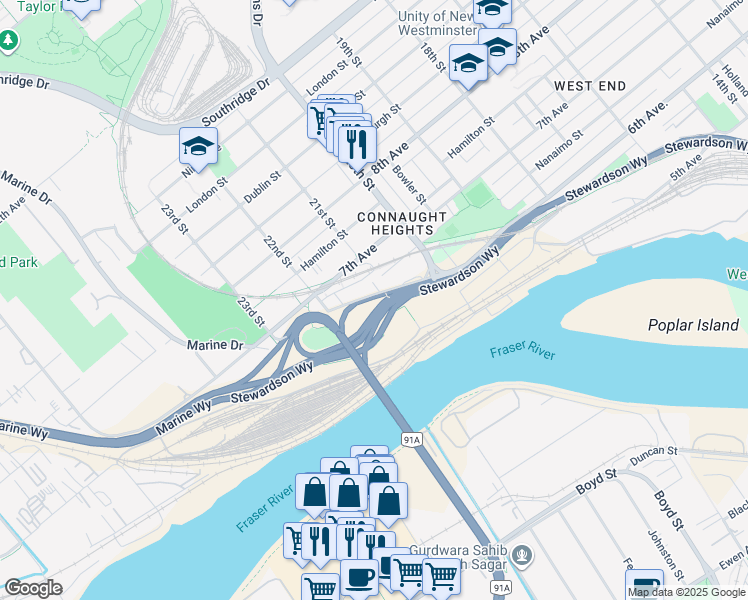 map of restaurants, bars, coffee shops, grocery stores, and more near 649 22nd Street in New Westminster