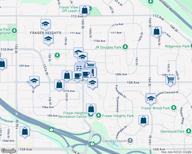 map of restaurants, bars, coffee shops, grocery stores, and more near 16080 108A Avenue in Surrey