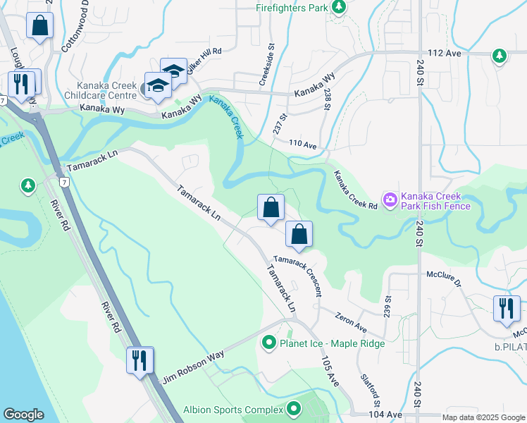 map of restaurants, bars, coffee shops, grocery stores, and more near 23692 108 Loop in Maple Ridge