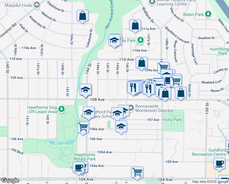 map of restaurants, bars, coffee shops, grocery stores, and more near 10837 145A Street in Surrey