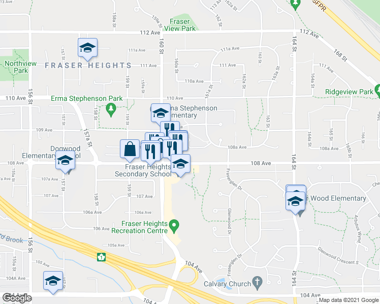 map of restaurants, bars, coffee shops, grocery stores, and more near 16088 108A Avenue in Surrey