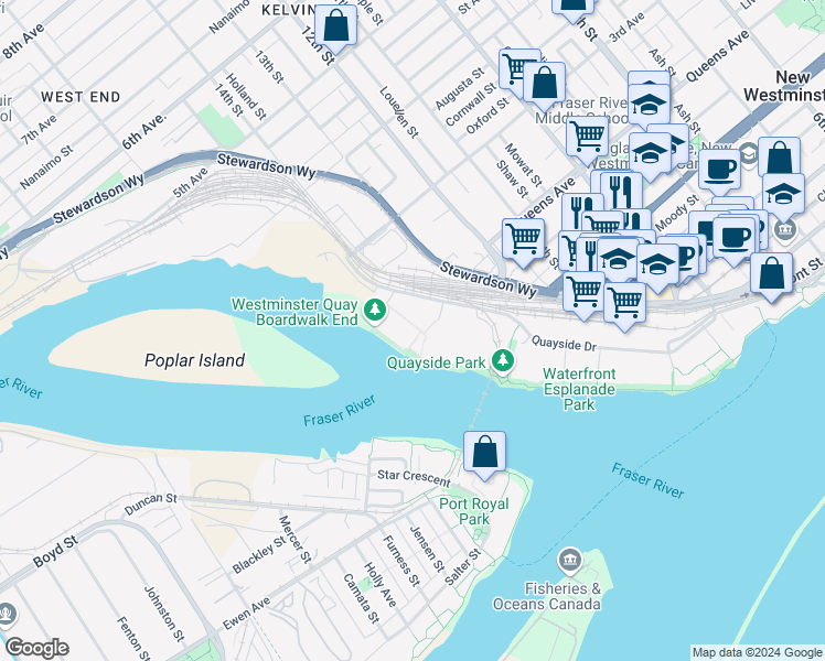 map of restaurants, bars, coffee shops, grocery stores, and more near 6 Renaissance Square in New Westminster