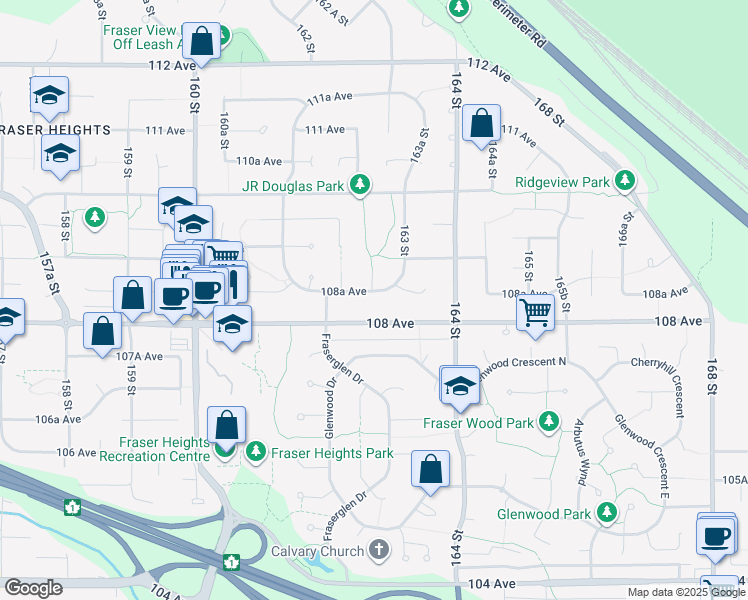 map of restaurants, bars, coffee shops, grocery stores, and more near 16280 108A Avenue in Surrey